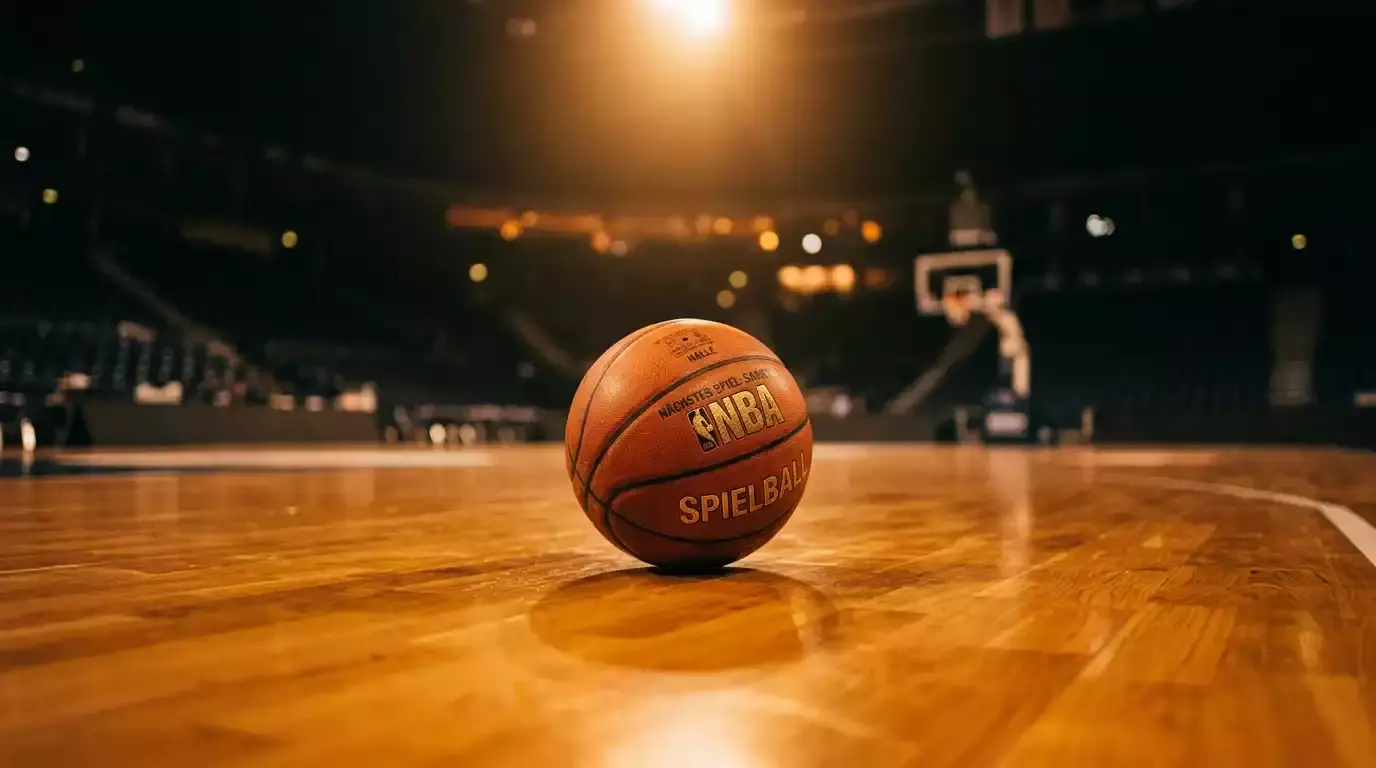 NBA basketball and analytics data on a dark surface with courtside lighting