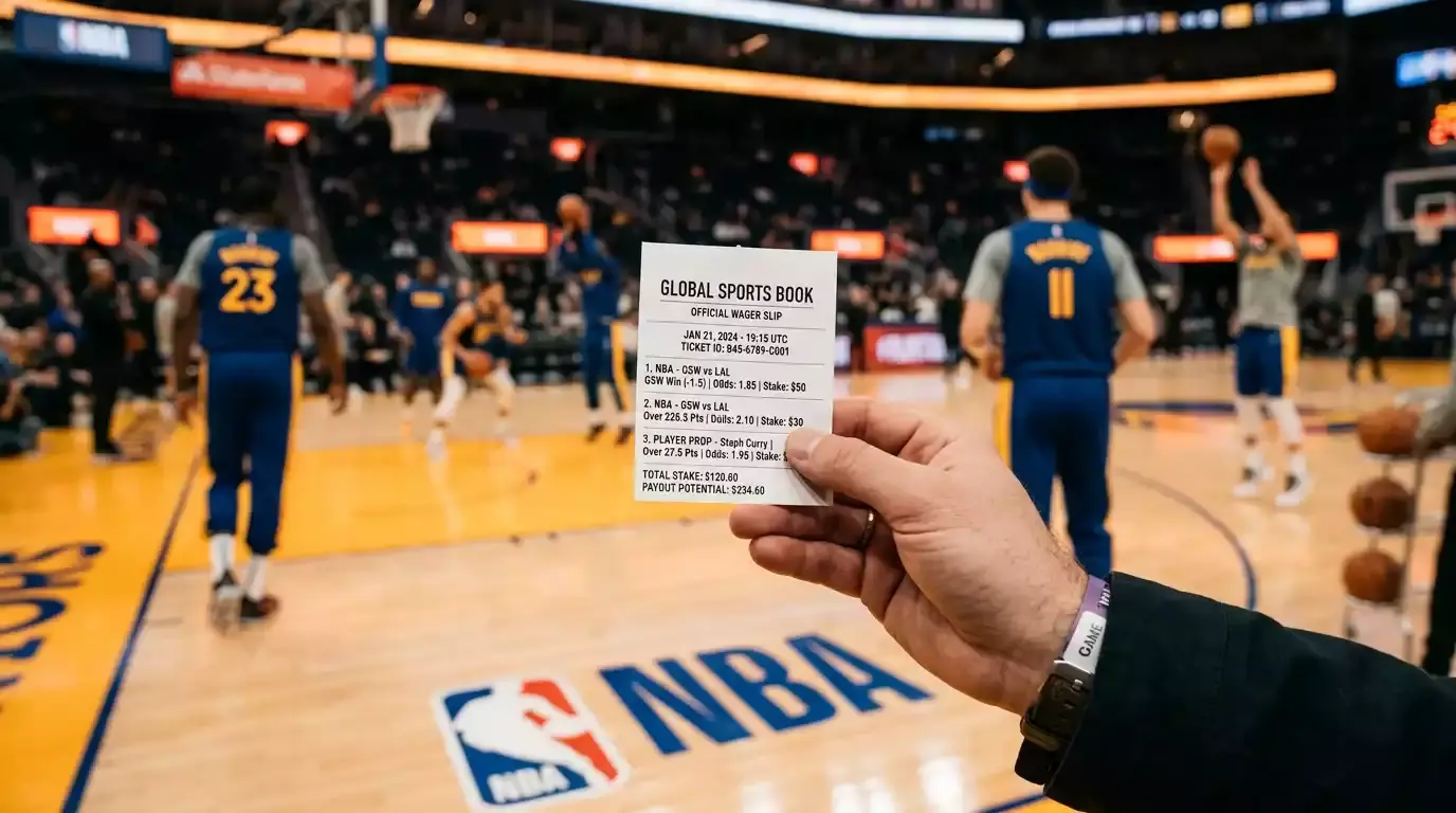 Hand holding a printed betting slip with multiple selections and decimal odds in front of a blurred basketball court