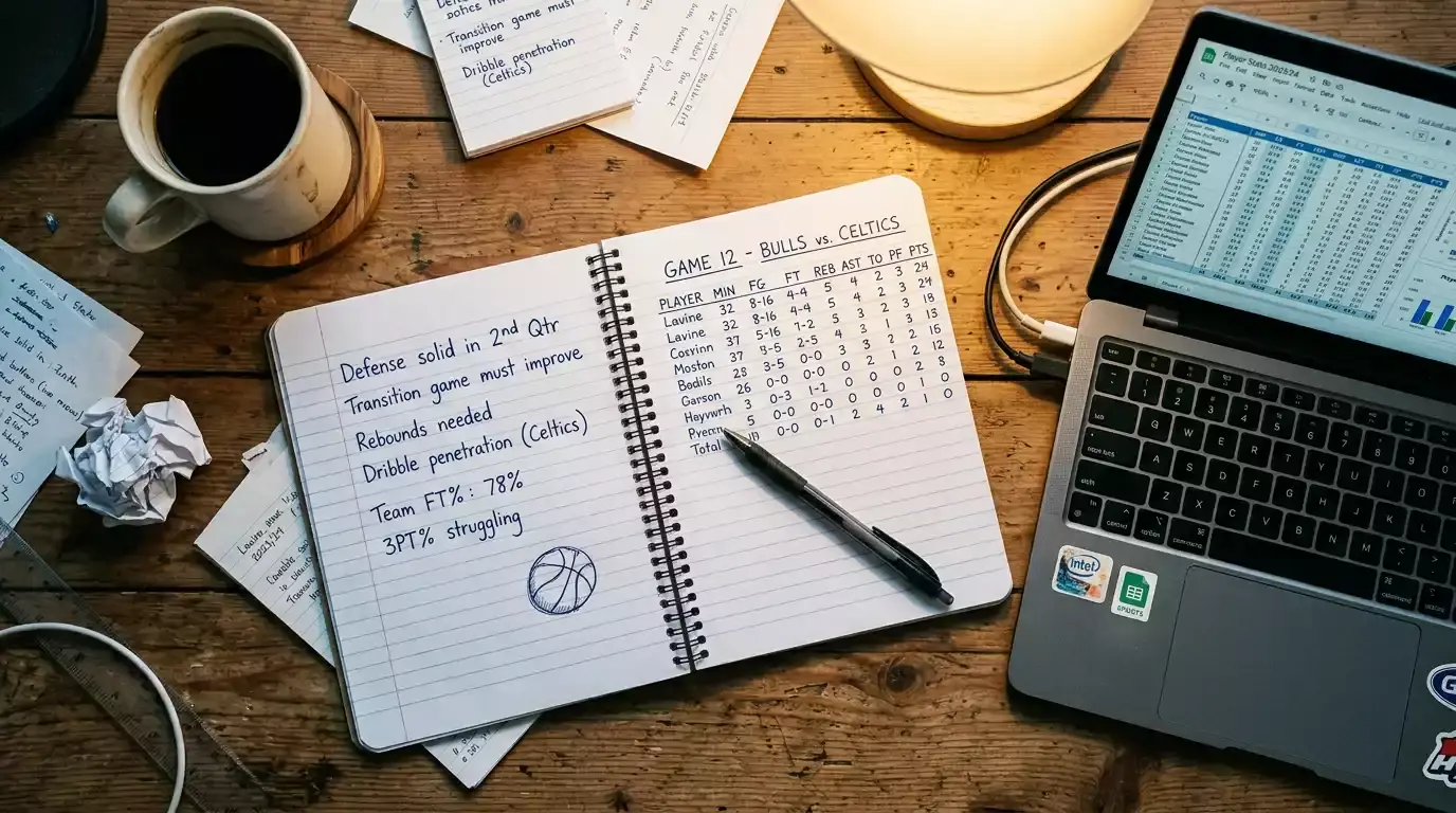 Notebook with handwritten basketball statistics and a laptop displaying NBA game data on a desk