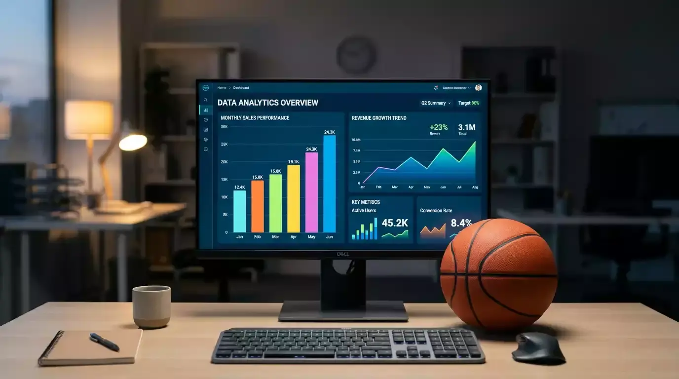 Computer monitor showing a basketball data analytics dashboard with bar charts and statistics beside a basketball on a desk