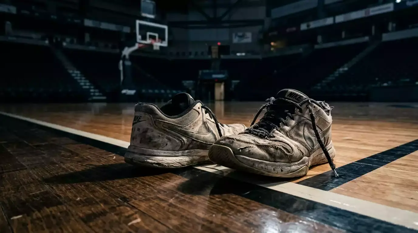 Worn basketball shoes resting on a polished hardwood court surface with dramatic side lighting casting long shadows