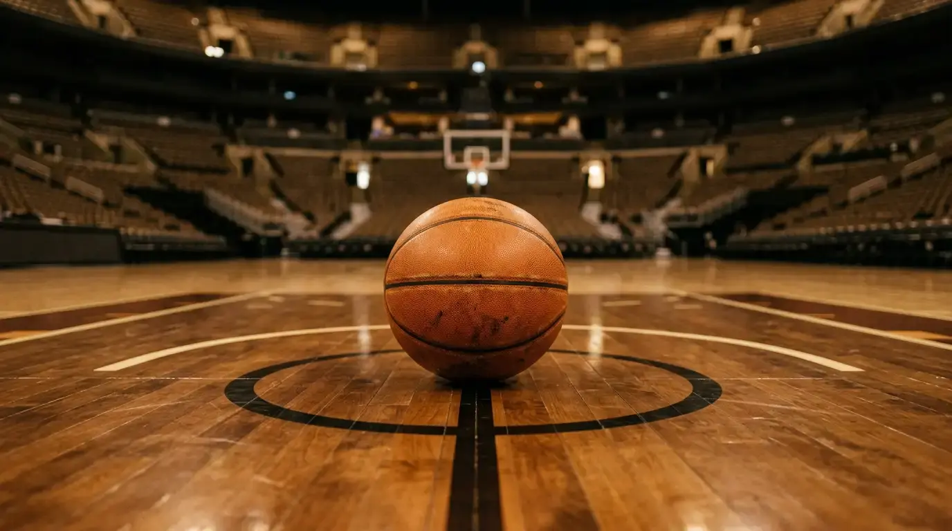 Basketball resting on a hardwood court beside the sideline, symbolising disciplined NBA bankroll management