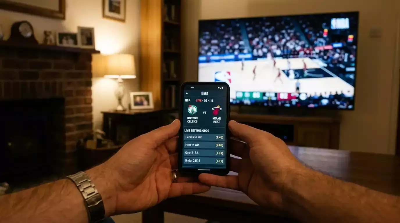 Person holding a smartphone with NBA game scores displayed, basketball court visible on TV in the background