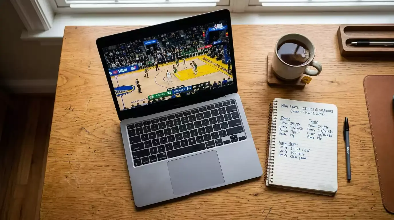 Laptop displaying a live NBA game stream on a desk beside a notebook with basketball statistics and a cup of tea