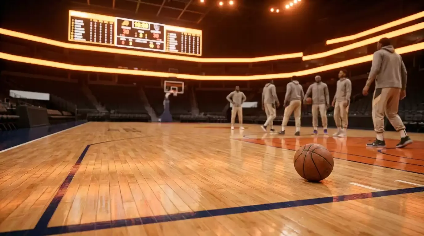 NBA basketball court under arena lights with players preparing for tip-off, representing strategic NBA betting analysis