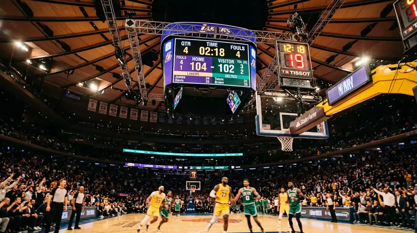NBA arena game clock and scoreboard showing the fourth quarter with a close score margin