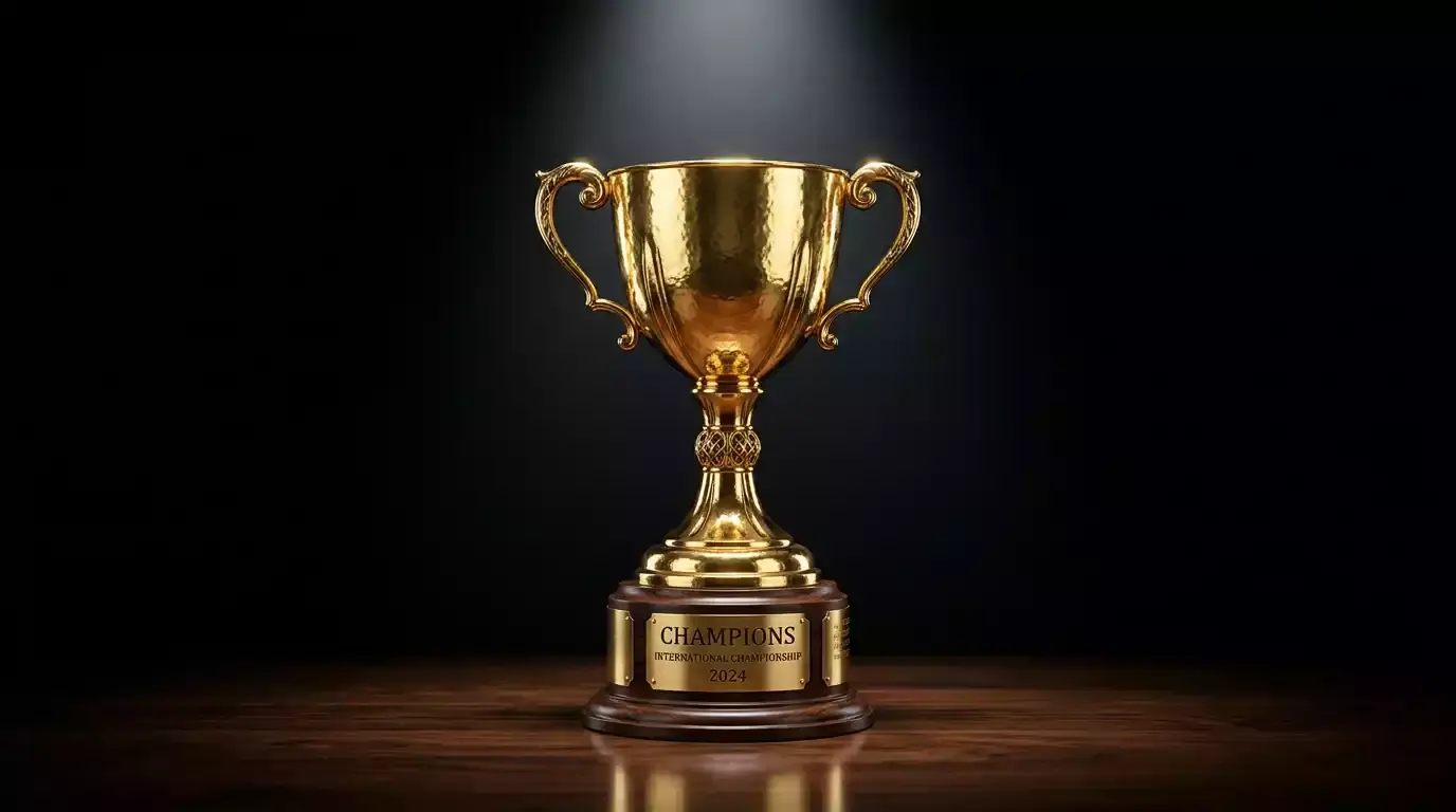 Gold championship trophy illuminated by a spotlight on a polished wooden surface against a dark background