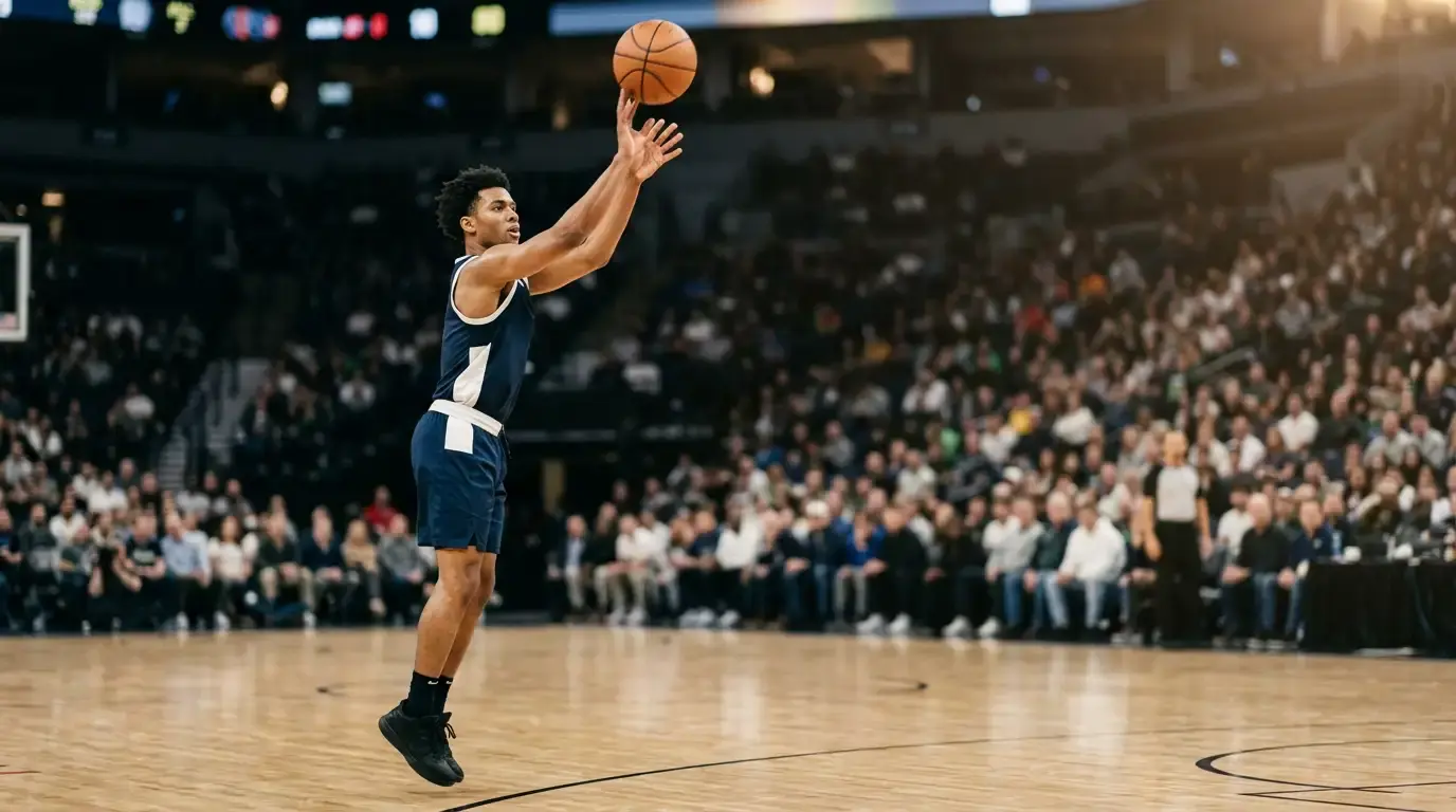 NBA player shooting a three-pointer during a competitive game, representing player prop and bet builder analysis