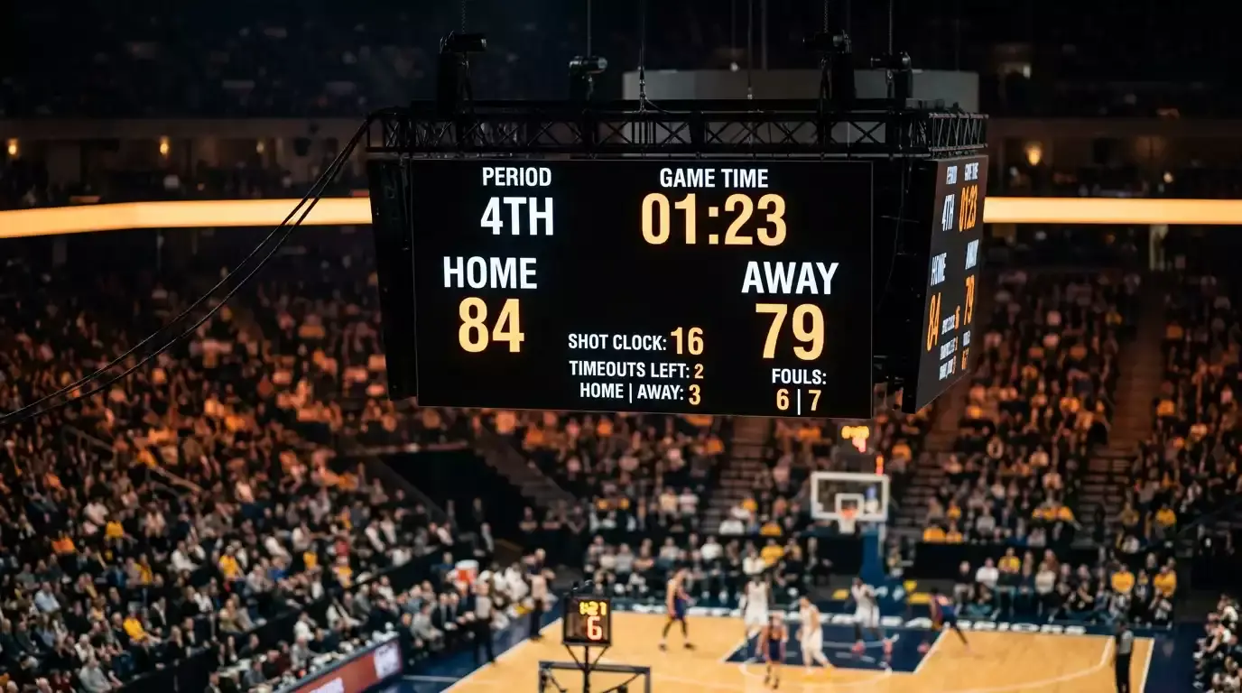 Close-up of a basketball scoreboard showing point differentials during an NBA game