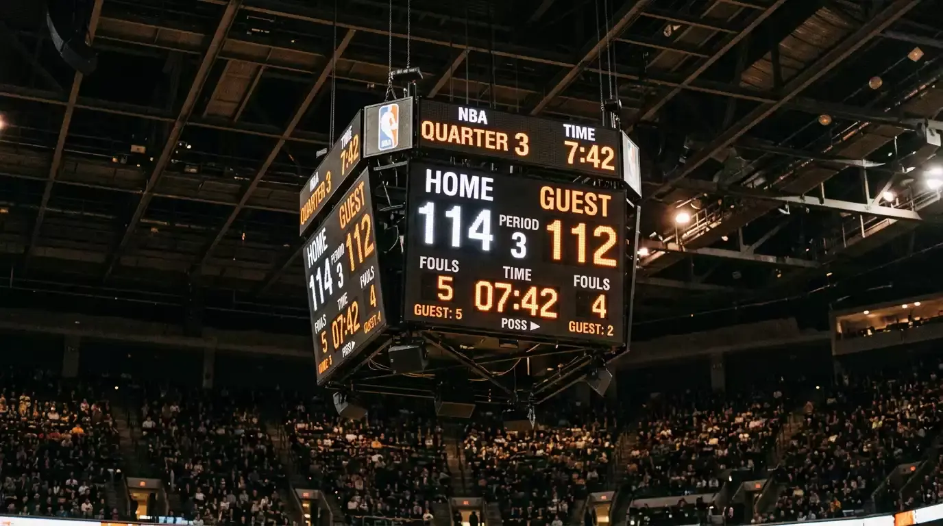 Close-up of a basketball scoreboard showing point totals during an NBA game, illustrating point spread and decimal odds
