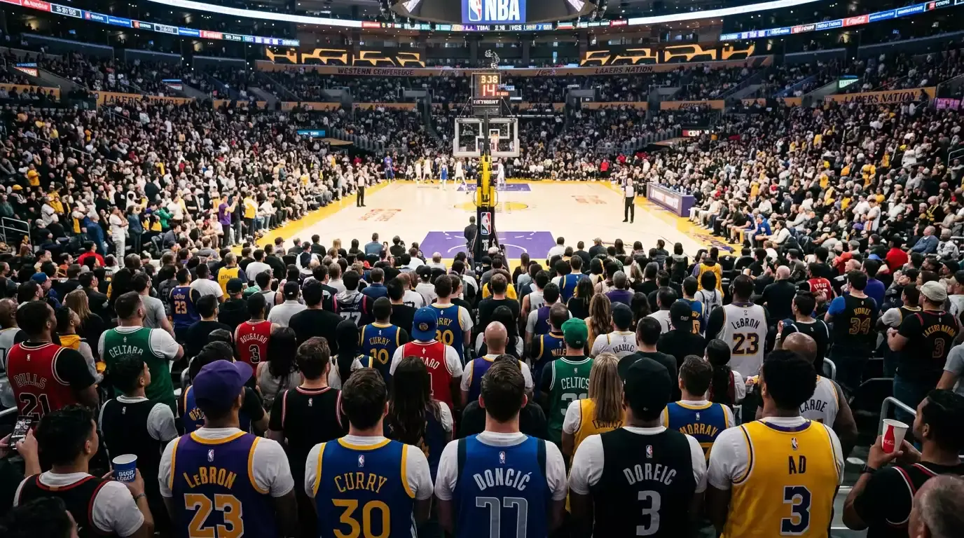 Basketball fans in arena stands watching an NBA game on a brightly lit court below