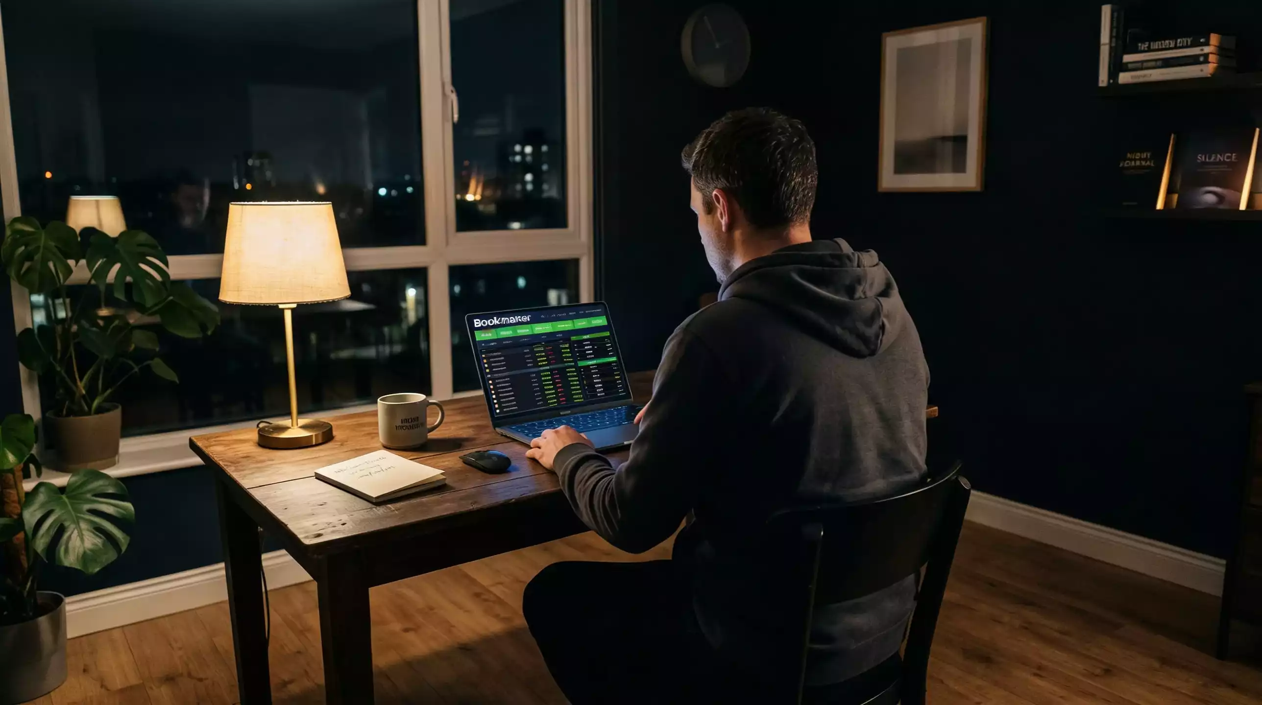 Person sitting thoughtfully at a desk late at night with a dimly lit laptop screen